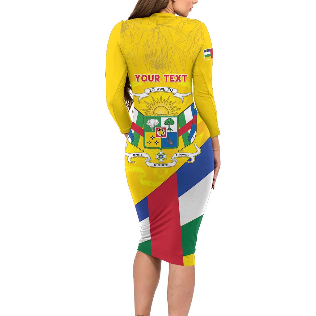 Personalised Central African Republic Independence Day Long Sleeve Bodycon Dress Coat Of Arms Proteas