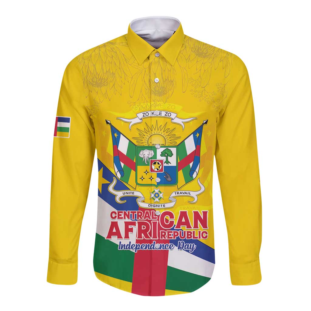 Personalised Central African Republic Independence Day Long Sleeve Button Shirt Coat Of Arms Proteas