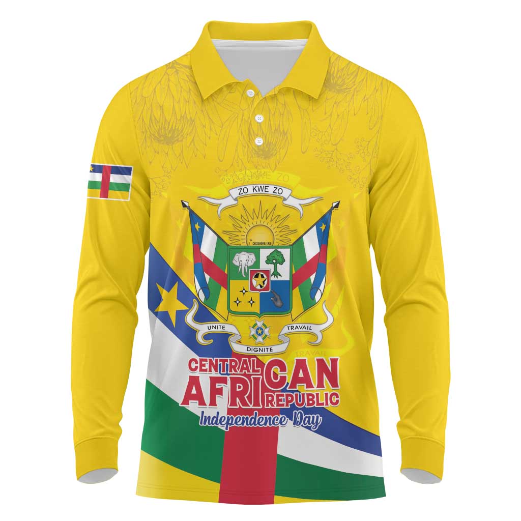 Personalised Central African Republic Independence Day Long Sleeve Polo Shirt Coat Of Arms Proteas