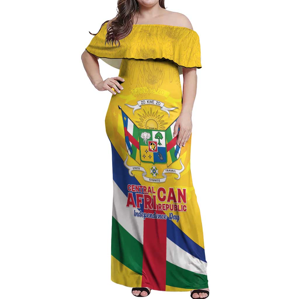 Personalised Central African Republic Independence Day Off Shoulder Maxi Dress Coat Of Arms Proteas
