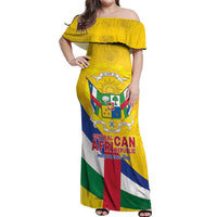 Personalised Central African Republic Independence Day Off Shoulder Maxi Dress Coat Of Arms Proteas