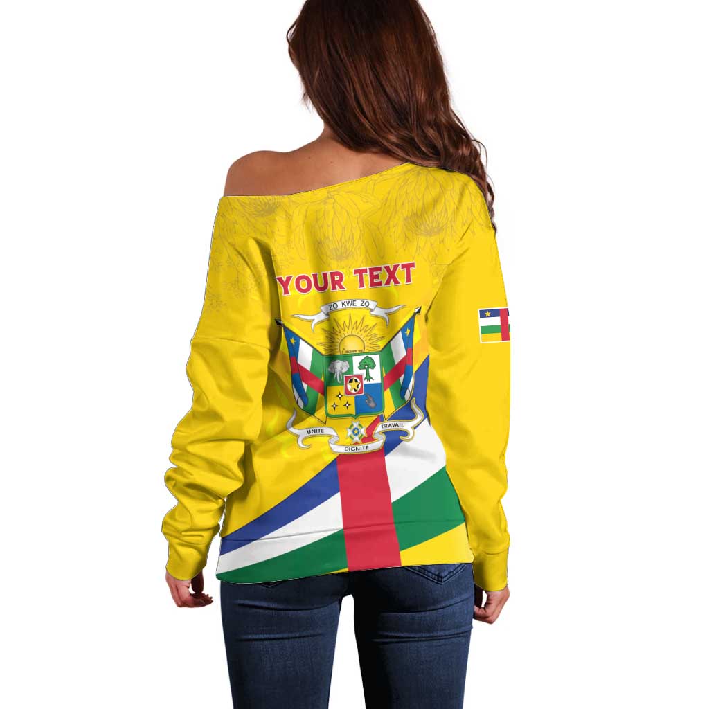 Personalised Central African Republic Independence Day Off Shoulder Sweater Coat Of Arms Proteas