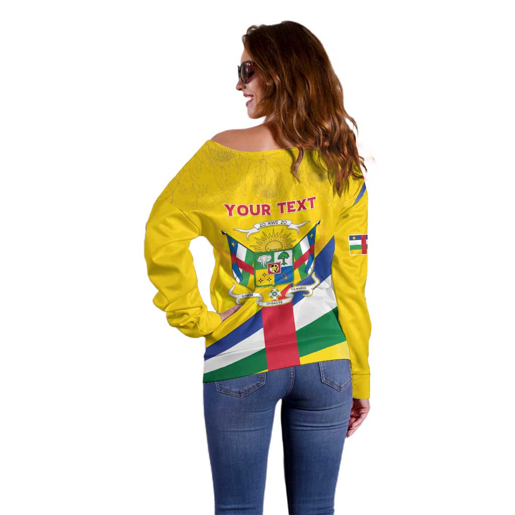 Personalised Central African Republic Independence Day Off Shoulder Sweater Coat Of Arms Proteas