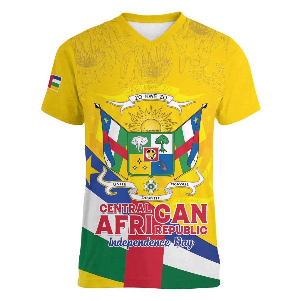 Personalised Central African Republic Independence Day Women V-Neck T-Shirt Coat Of Arms Proteas