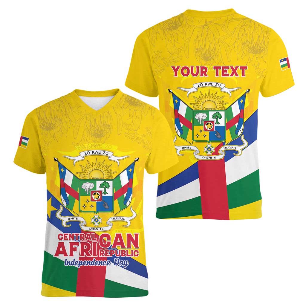 Personalised Central African Republic Independence Day Women V-Neck T-Shirt Coat Of Arms Proteas