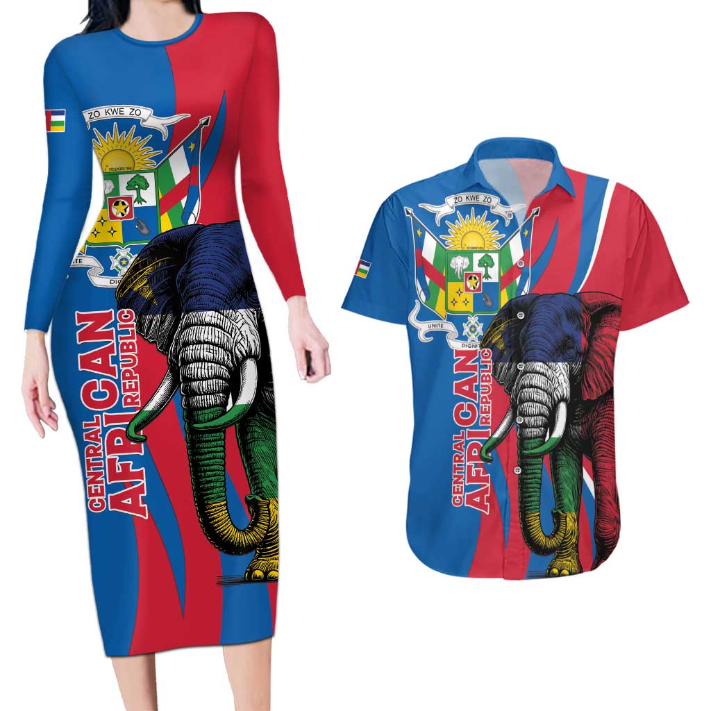 Personalised Central African Republic Couples Matching Long Sleeve Bodycon Dress and Hawaiian Shirt Elephant Coat Of Arms