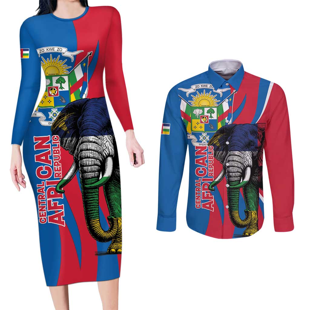 Personalised Central African Republic Couples Matching Long Sleeve Bodycon Dress and Long Sleeve Button Shirt Elephant Coat Of Arms