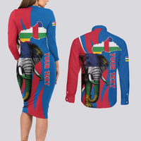 Personalised Central African Republic Couples Matching Long Sleeve Bodycon Dress and Long Sleeve Button Shirt Elephant Coat Of Arms