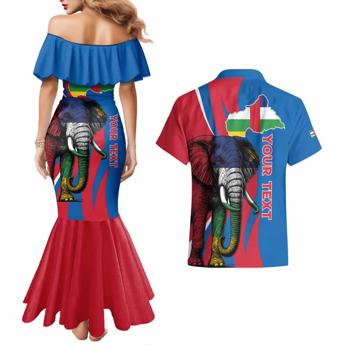 Personalised Central African Republic Couples Matching Mermaid Dress and Hawaiian Shirt Elephant Coat Of Arms
