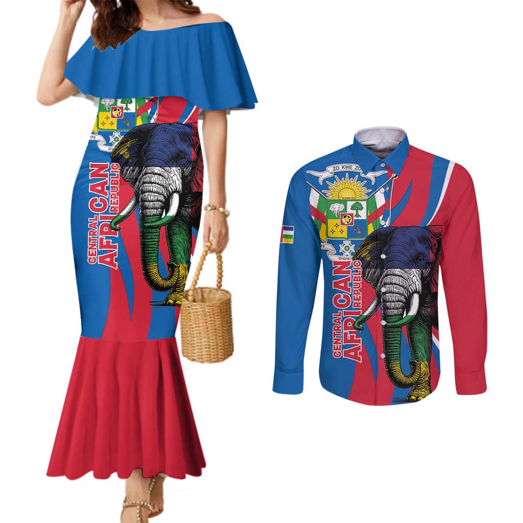 Personalised Central African Republic Couples Matching Mermaid Dress and Long Sleeve Button Shirt Elephant Coat Of Arms