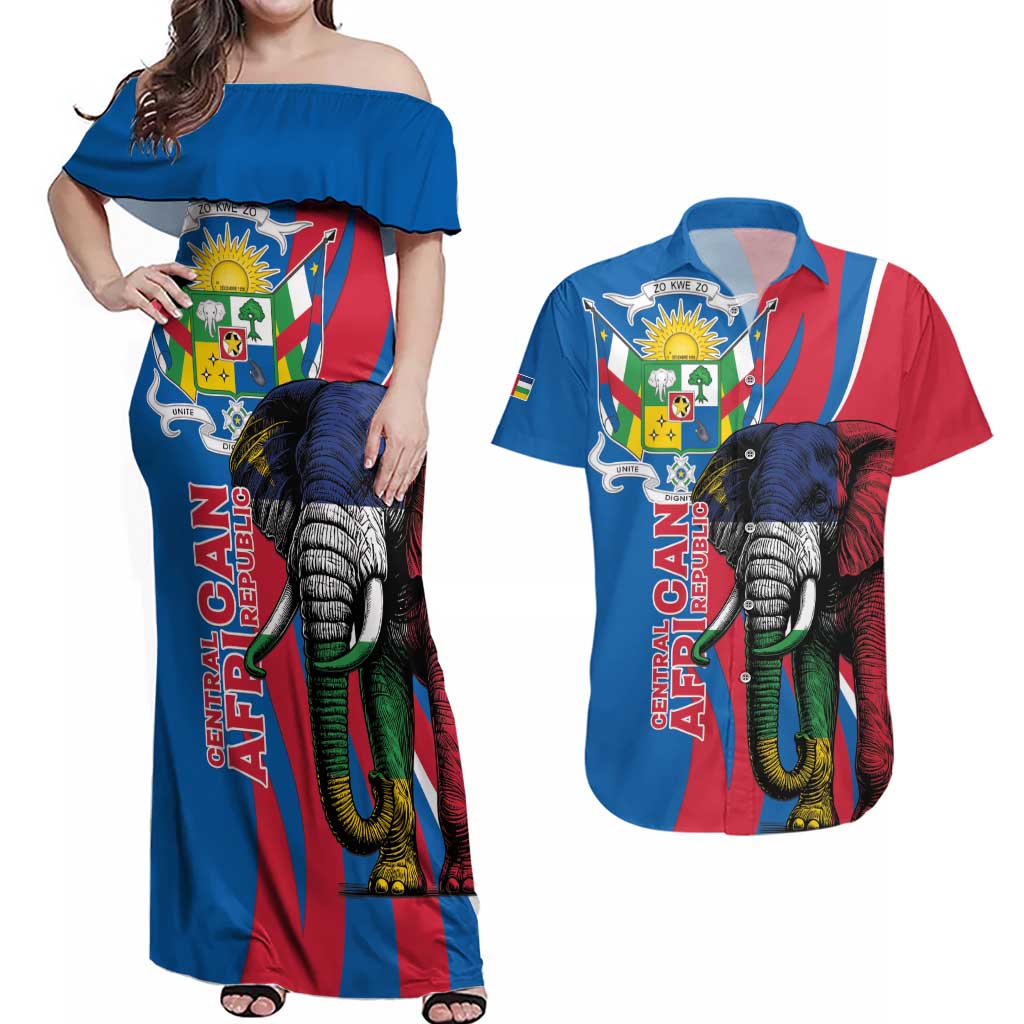 Personalised Central African Republic Couples Matching Off Shoulder Maxi Dress and Hawaiian Shirt Elephant Coat Of Arms