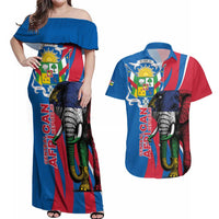 Personalised Central African Republic Couples Matching Off Shoulder Maxi Dress and Hawaiian Shirt Elephant Coat Of Arms