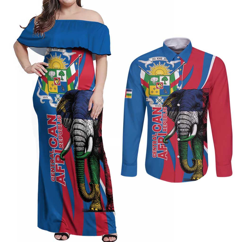 Personalised Central African Republic Couples Matching Off Shoulder Maxi Dress and Long Sleeve Button Shirt Elephant Coat Of Arms