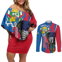 Personalised Central African Republic Couples Matching Off Shoulder Short Dress and Long Sleeve Button Shirt Elephant Coat Of Arms