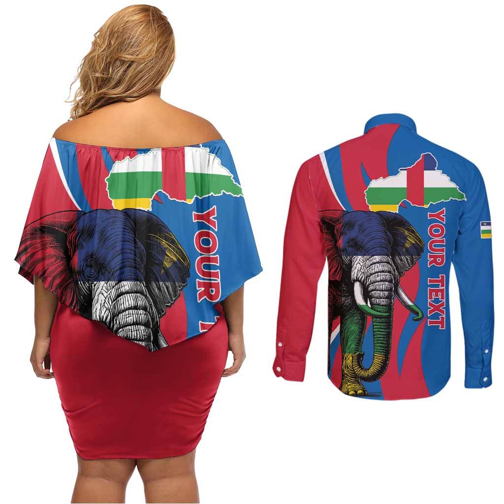 Personalised Central African Republic Couples Matching Off Shoulder Short Dress and Long Sleeve Button Shirt Elephant Coat Of Arms