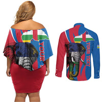 Personalised Central African Republic Couples Matching Off Shoulder Short Dress and Long Sleeve Button Shirt Elephant Coat Of Arms