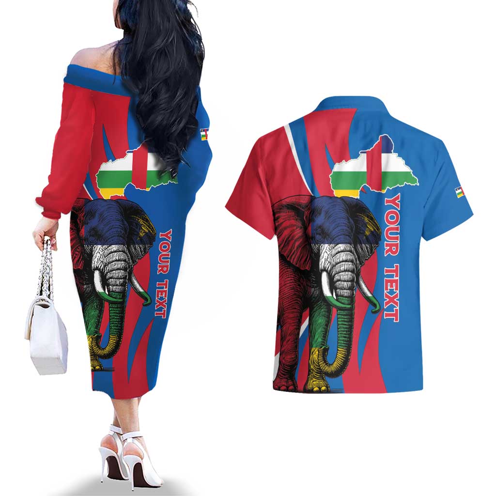 Personalised Central African Republic Couples Matching Off The Shoulder Long Sleeve Dress and Hawaiian Shirt Elephant Coat Of Arms