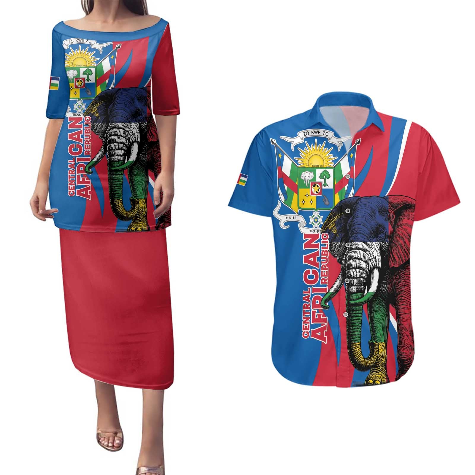 Personalised Central African Republic Couples Matching Puletasi and Hawaiian Shirt Elephant Coat Of Arms