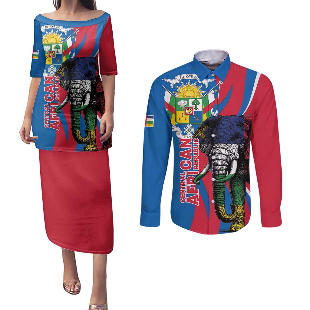 Personalised Central African Republic Couples Matching Puletasi and Long Sleeve Button Shirt Elephant Coat Of Arms