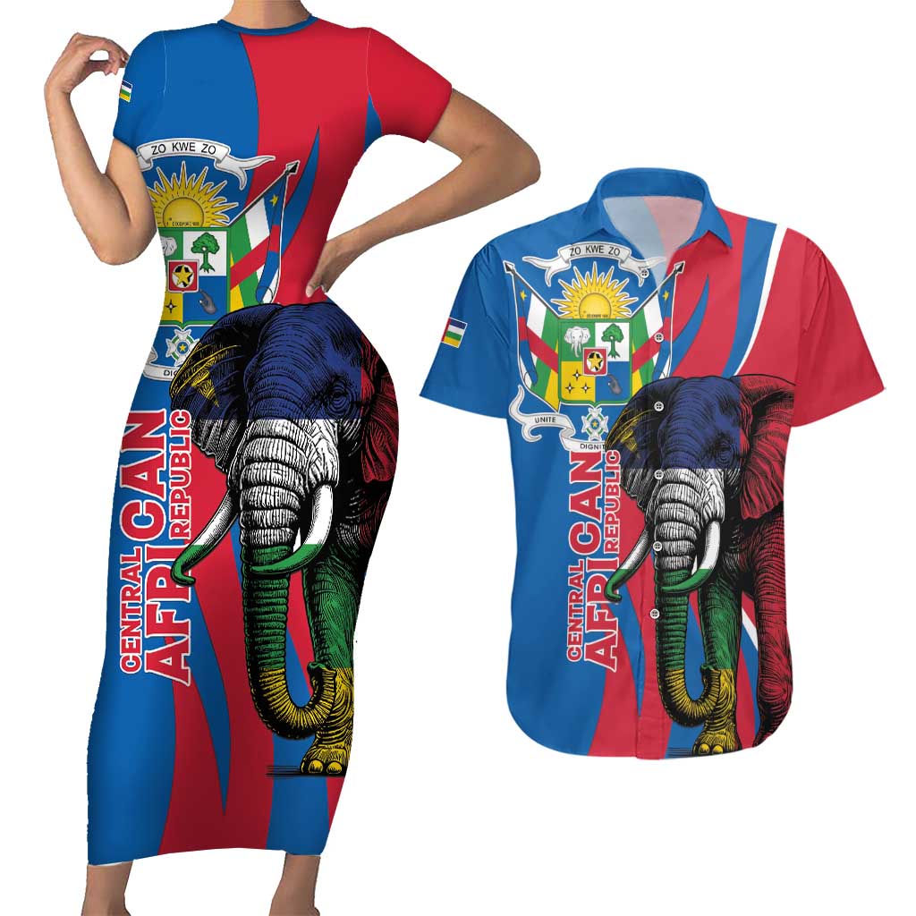 Personalised Central African Republic Couples Matching Short Sleeve Bodycon Dress and Hawaiian Shirt Elephant Coat Of Arms