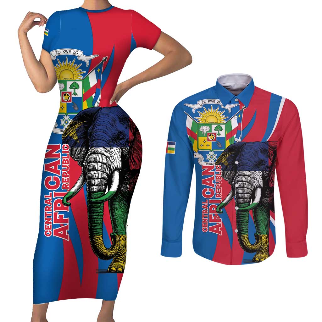 Personalised Central African Republic Couples Matching Short Sleeve Bodycon Dress and Long Sleeve Button Shirt Elephant Coat Of Arms