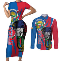 Personalised Central African Republic Couples Matching Short Sleeve Bodycon Dress and Long Sleeve Button Shirt Elephant Coat Of Arms
