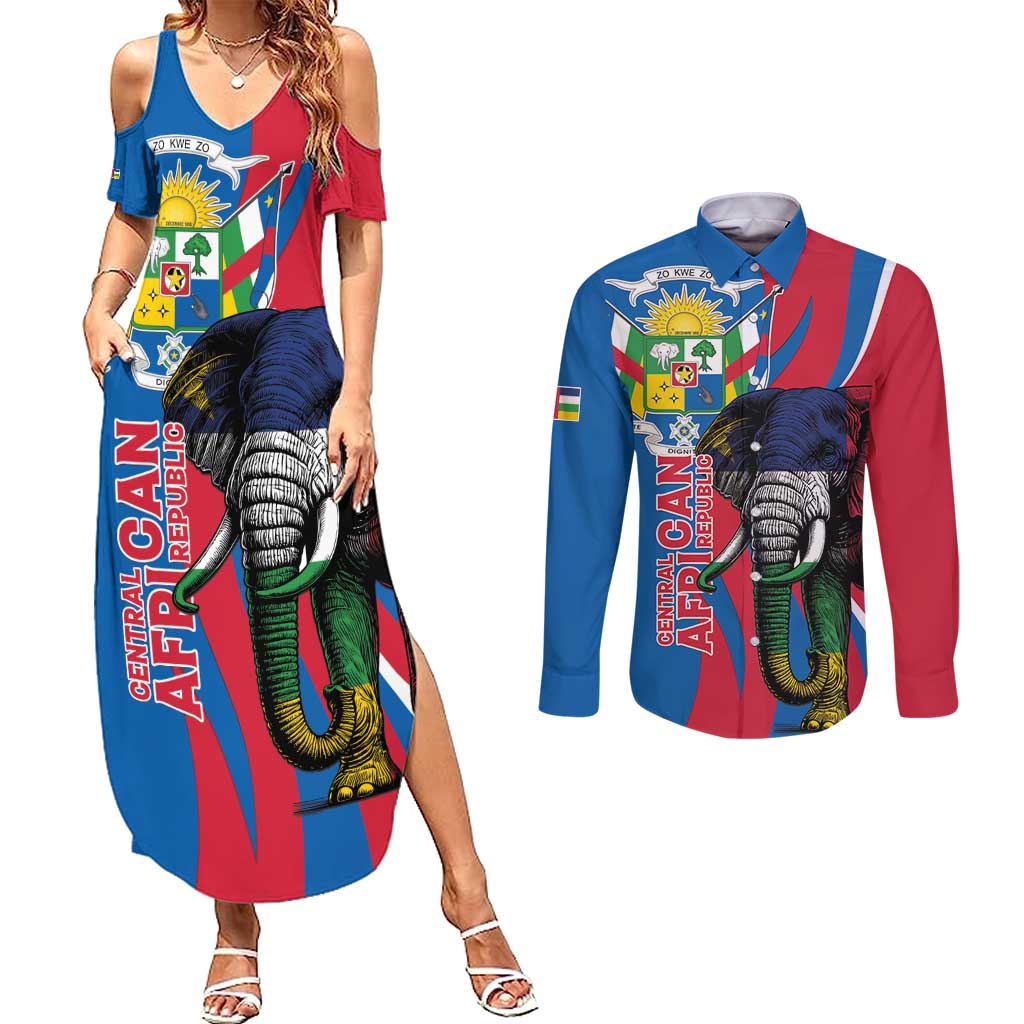 Personalised Central African Republic Couples Matching Summer Maxi Dress and Long Sleeve Button Shirt Elephant Coat Of Arms