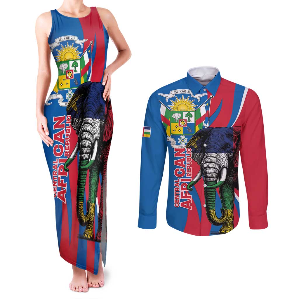 Personalised Central African Republic Couples Matching Tank Maxi Dress and Long Sleeve Button Shirt Elephant Coat Of Arms