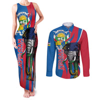 Personalised Central African Republic Couples Matching Tank Maxi Dress and Long Sleeve Button Shirt Elephant Coat Of Arms