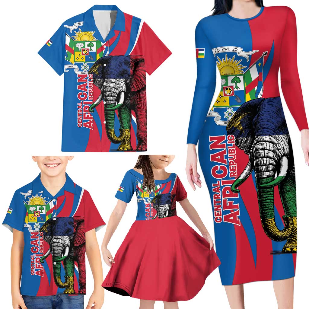 Personalised Central African Republic Family Matching Long Sleeve Bodycon Dress and Hawaiian Shirt Elephant Coat Of Arms
