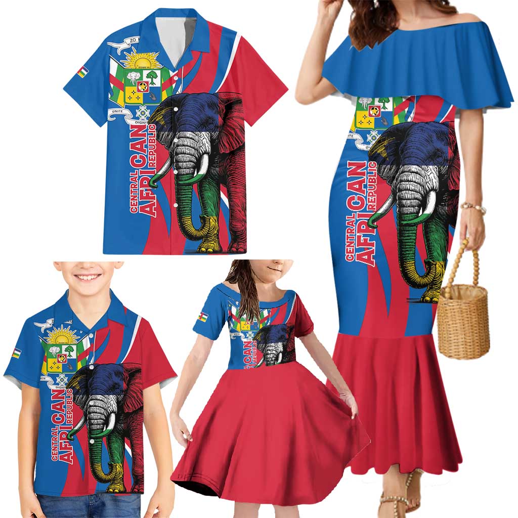 Personalised Central African Republic Family Matching Mermaid Dress and Hawaiian Shirt Elephant Coat Of Arms