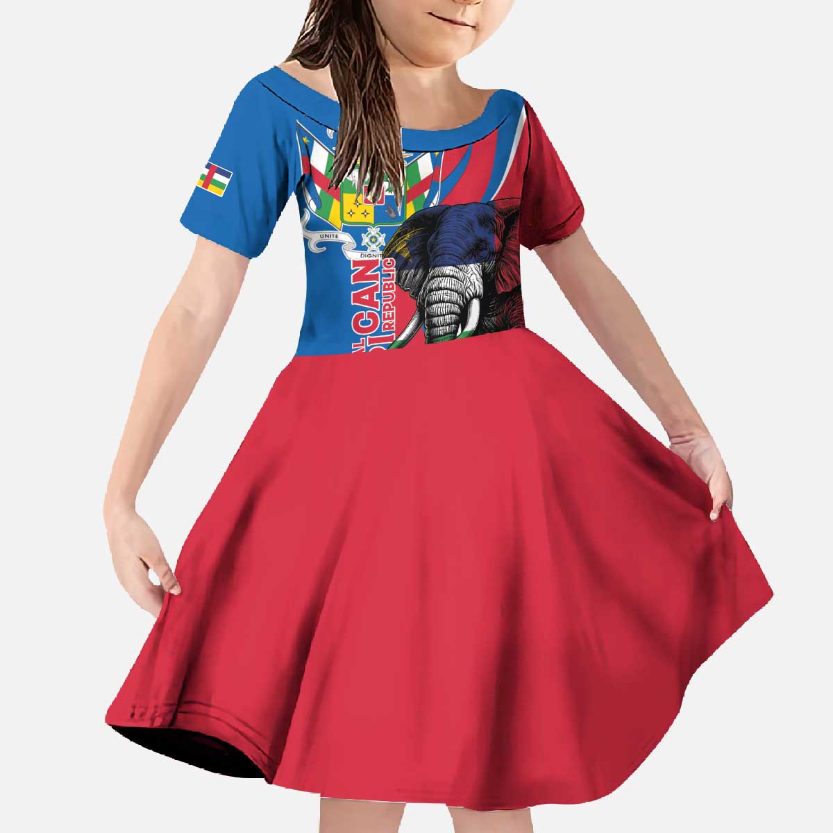 Personalised Central African Republic Family Matching Off The Shoulder Long Sleeve Dress and Hawaiian Shirt Elephant Coat Of Arms