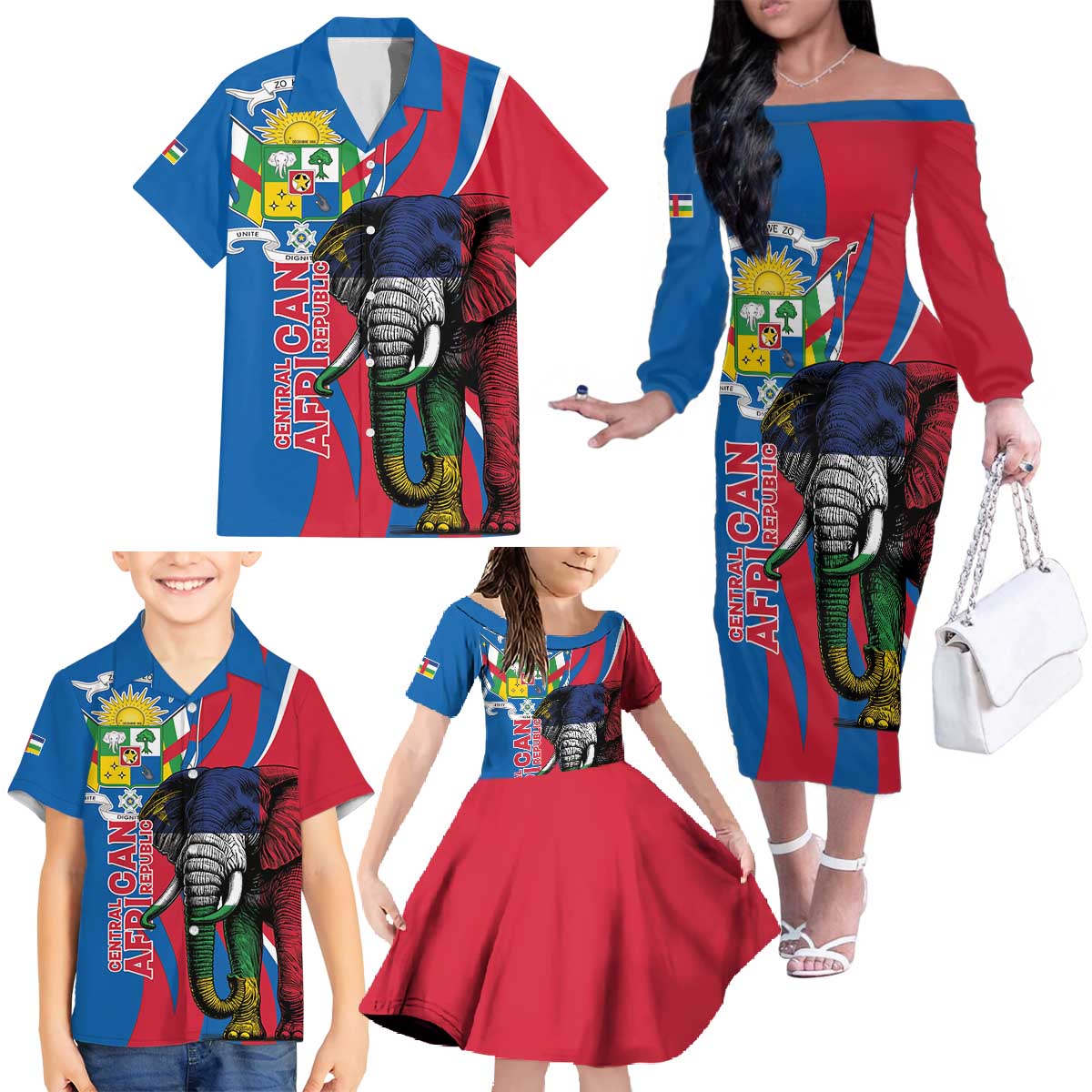 Personalised Central African Republic Family Matching Off The Shoulder Long Sleeve Dress and Hawaiian Shirt Elephant Coat Of Arms