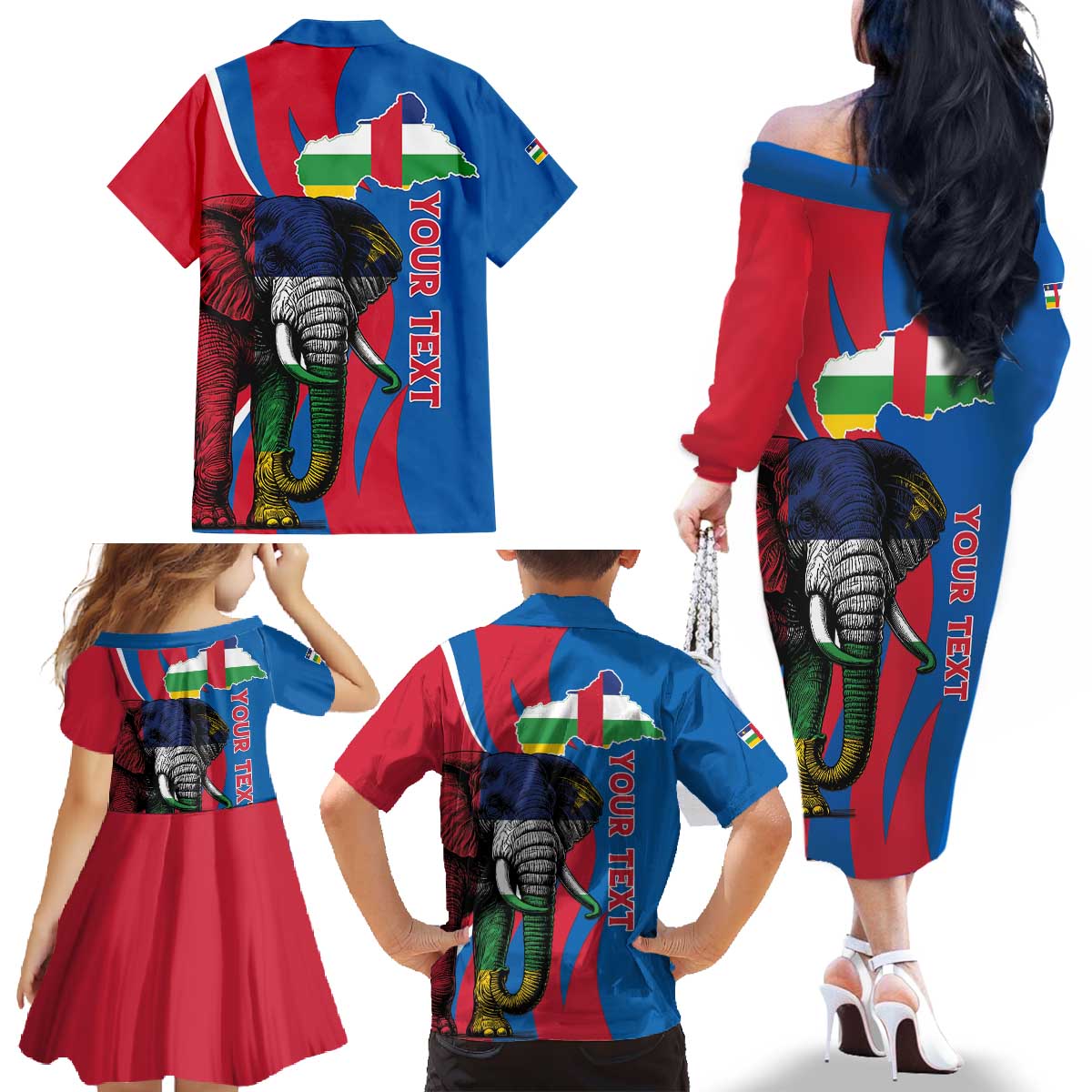 Personalised Central African Republic Family Matching Off The Shoulder Long Sleeve Dress and Hawaiian Shirt Elephant Coat Of Arms