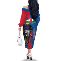 Personalised Central African Republic Family Matching Off The Shoulder Long Sleeve Dress and Hawaiian Shirt Elephant Coat Of Arms