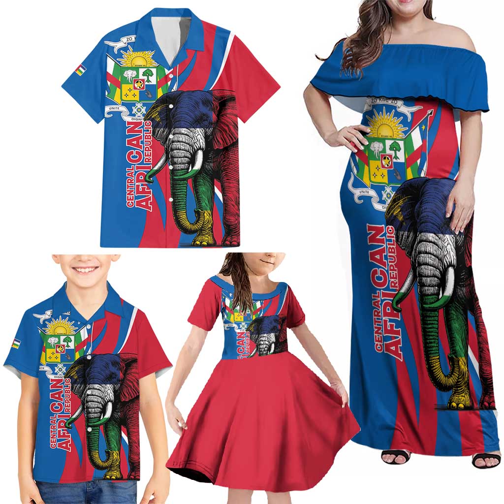 Personalised Central African Republic Family Matching Off Shoulder Maxi Dress and Hawaiian Shirt Elephant Coat Of Arms