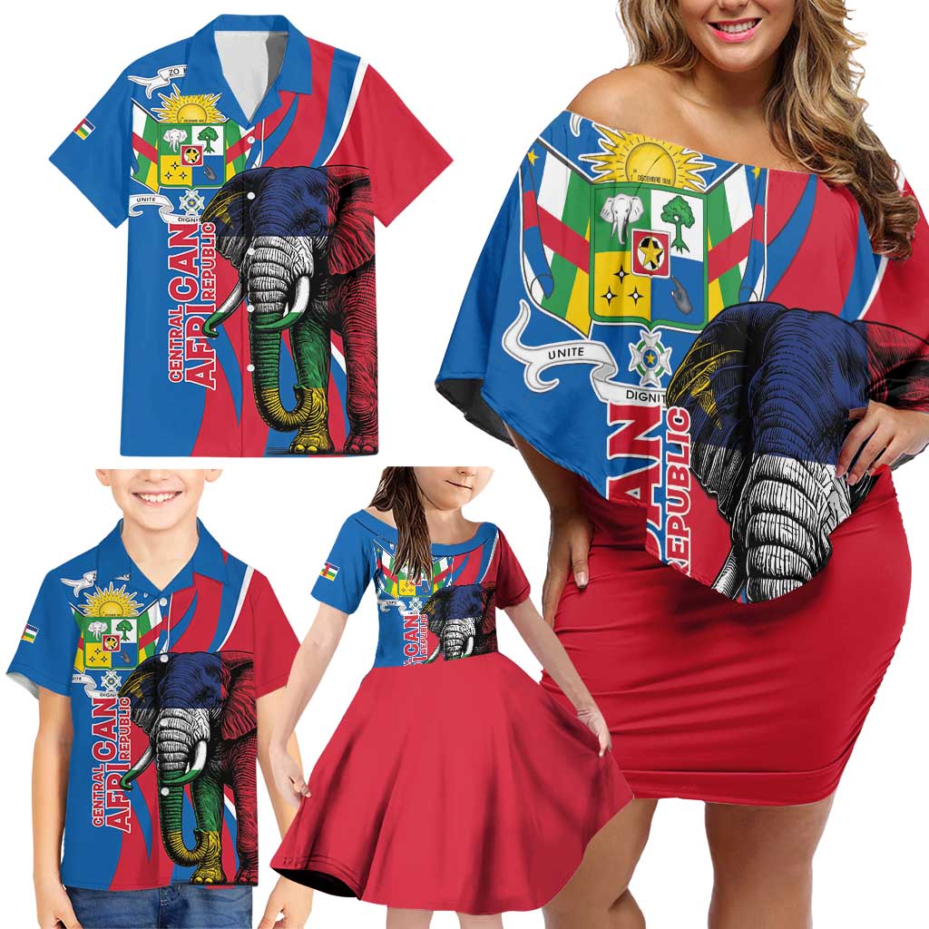 Personalised Central African Republic Family Matching Off Shoulder Short Dress and Hawaiian Shirt Elephant Coat Of Arms