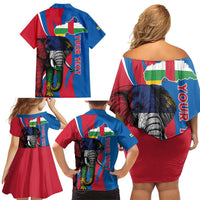 Personalised Central African Republic Family Matching Off Shoulder Short Dress and Hawaiian Shirt Elephant Coat Of Arms