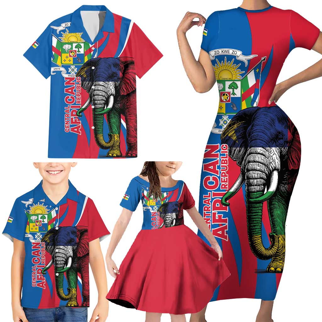 Personalised Central African Republic Family Matching Short Sleeve Bodycon Dress and Hawaiian Shirt Elephant Coat Of Arms