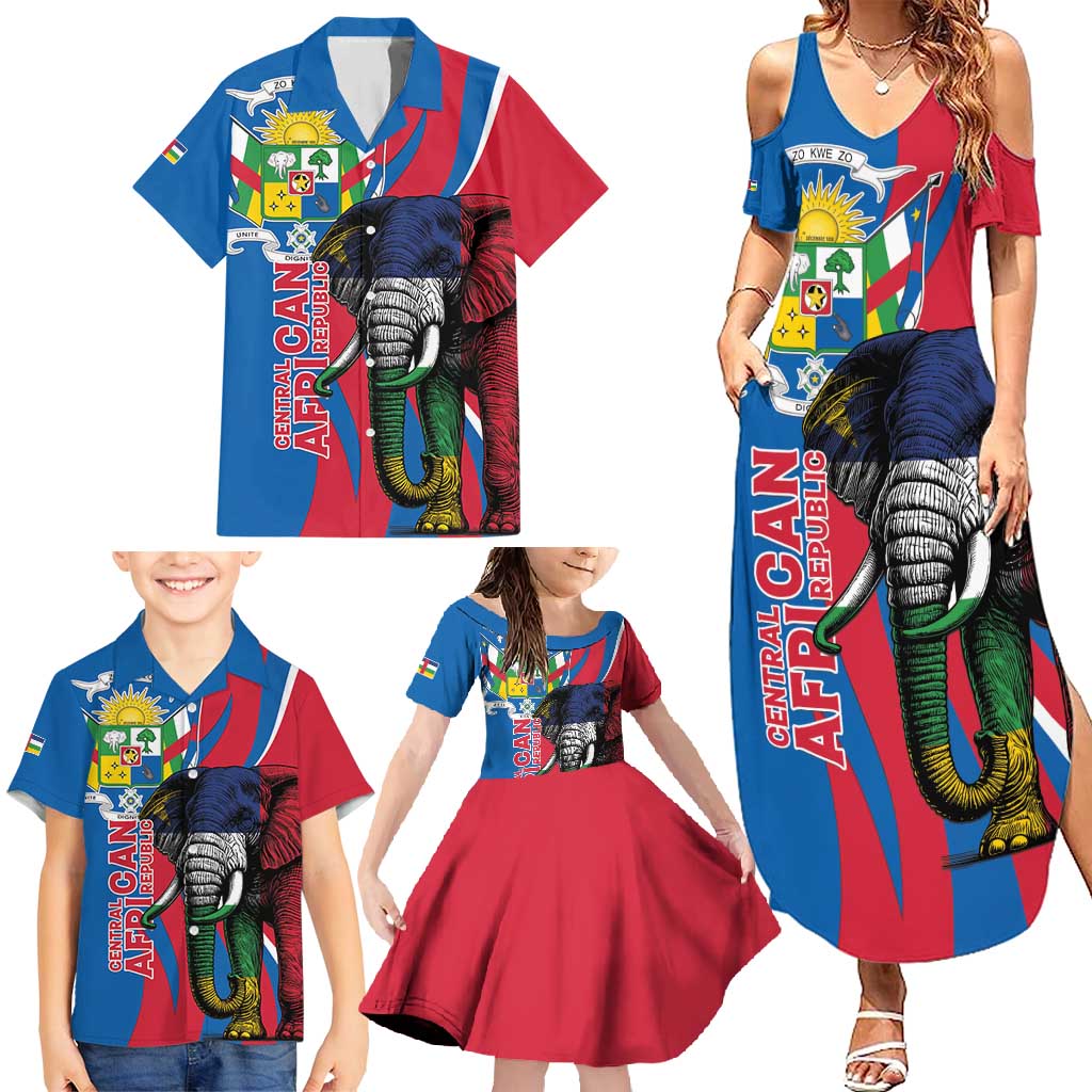 Personalised Central African Republic Family Matching Summer Maxi Dress and Hawaiian Shirt Elephant Coat Of Arms