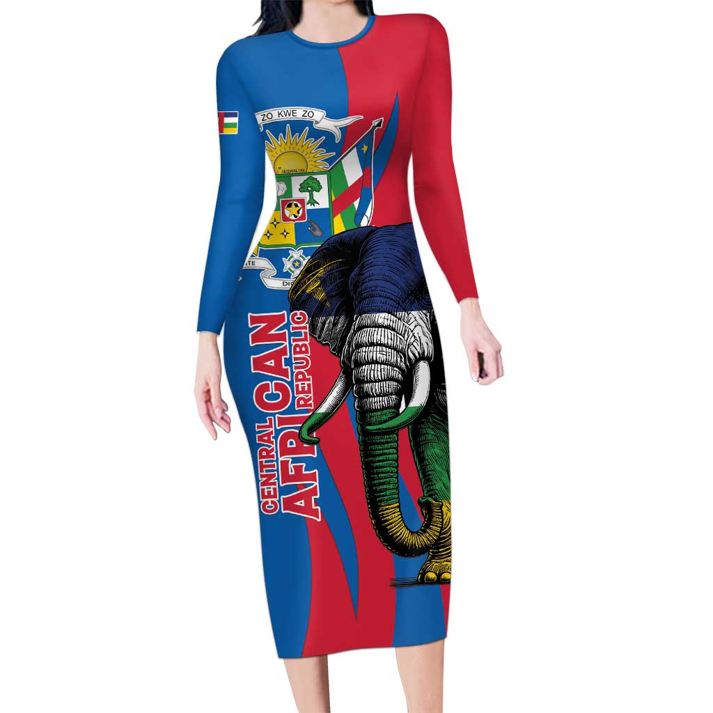 Personalised Central African Republic Long Sleeve Bodycon Dress Elephant Coat Of Arms
