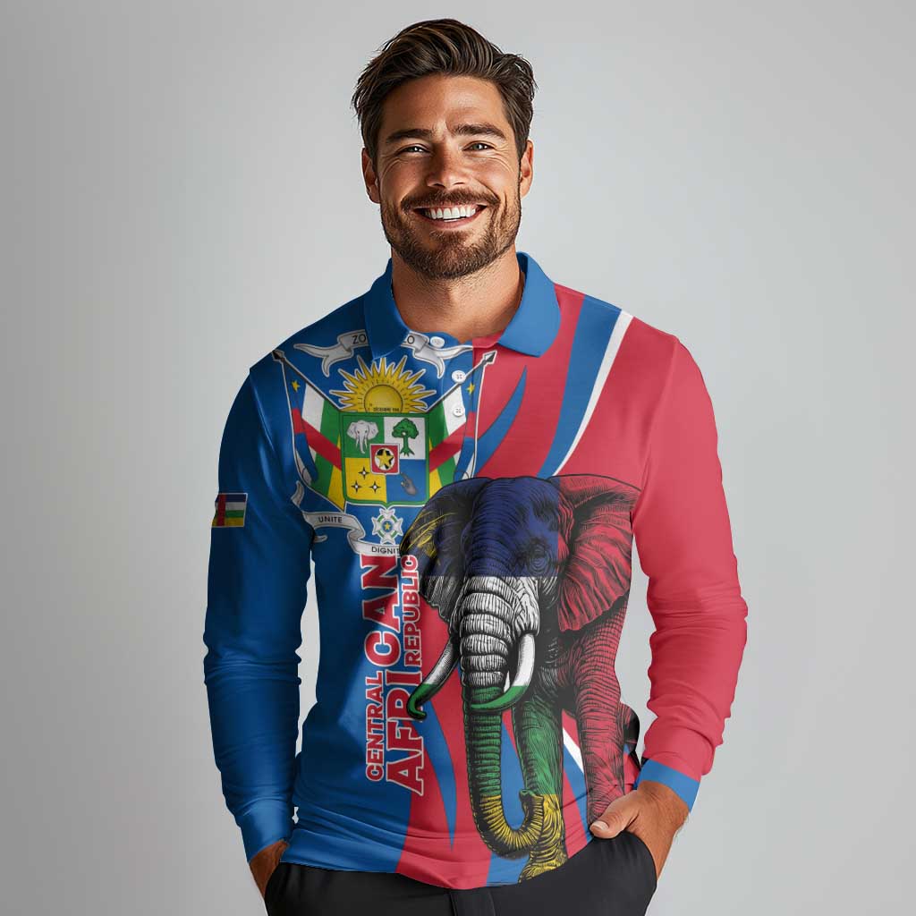 Personalised Central African Republic Long Sleeve Polo Shirt Elephant Coat Of Arms