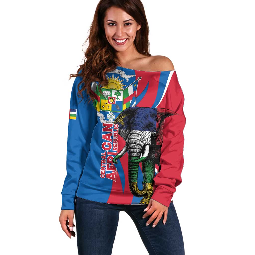 Personalised Central African Republic Off Shoulder Sweater Elephant Coat Of Arms