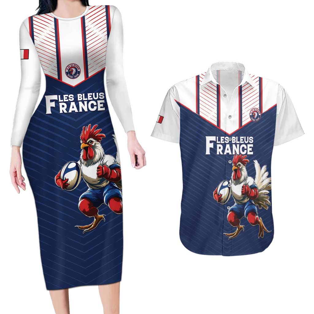France Rugby Custom Couples Matching Long Sleeve Bodycon Dress and Hawaiian Shirt Allez Les Bleus - Sporty Style