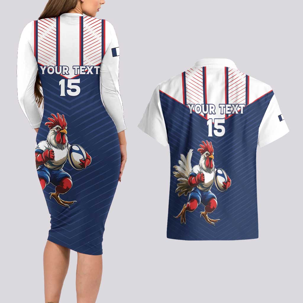 France Rugby Custom Couples Matching Long Sleeve Bodycon Dress and Hawaiian Shirt Allez Les Bleus - Sporty Style