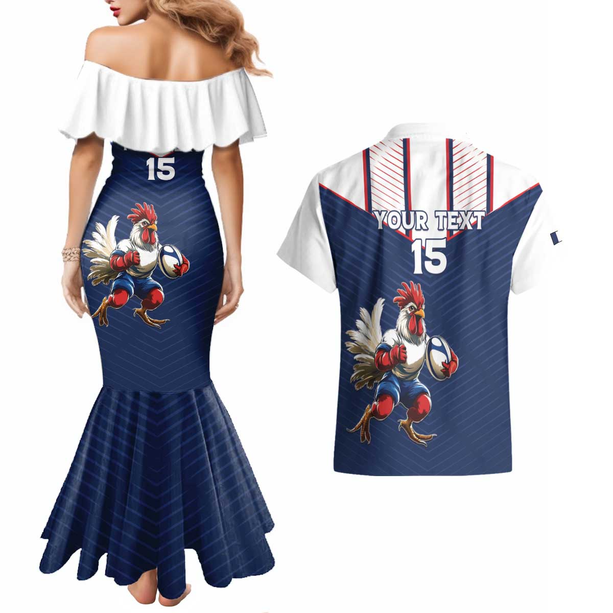 France Rugby Custom Couples Matching Mermaid Dress and Hawaiian Shirt Allez Les Bleus - Sporty Style