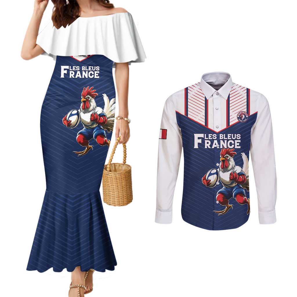 France Rugby Custom Couples Matching Mermaid Dress and Long Sleeve Button Shirt Allez Les Bleus - Sporty Style