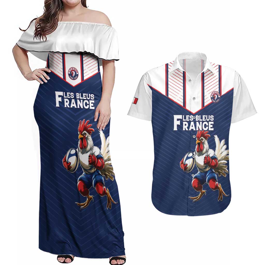 France Rugby Custom Couples Matching Off Shoulder Maxi Dress and Hawaiian Shirt Allez Les Bleus - Sporty Style