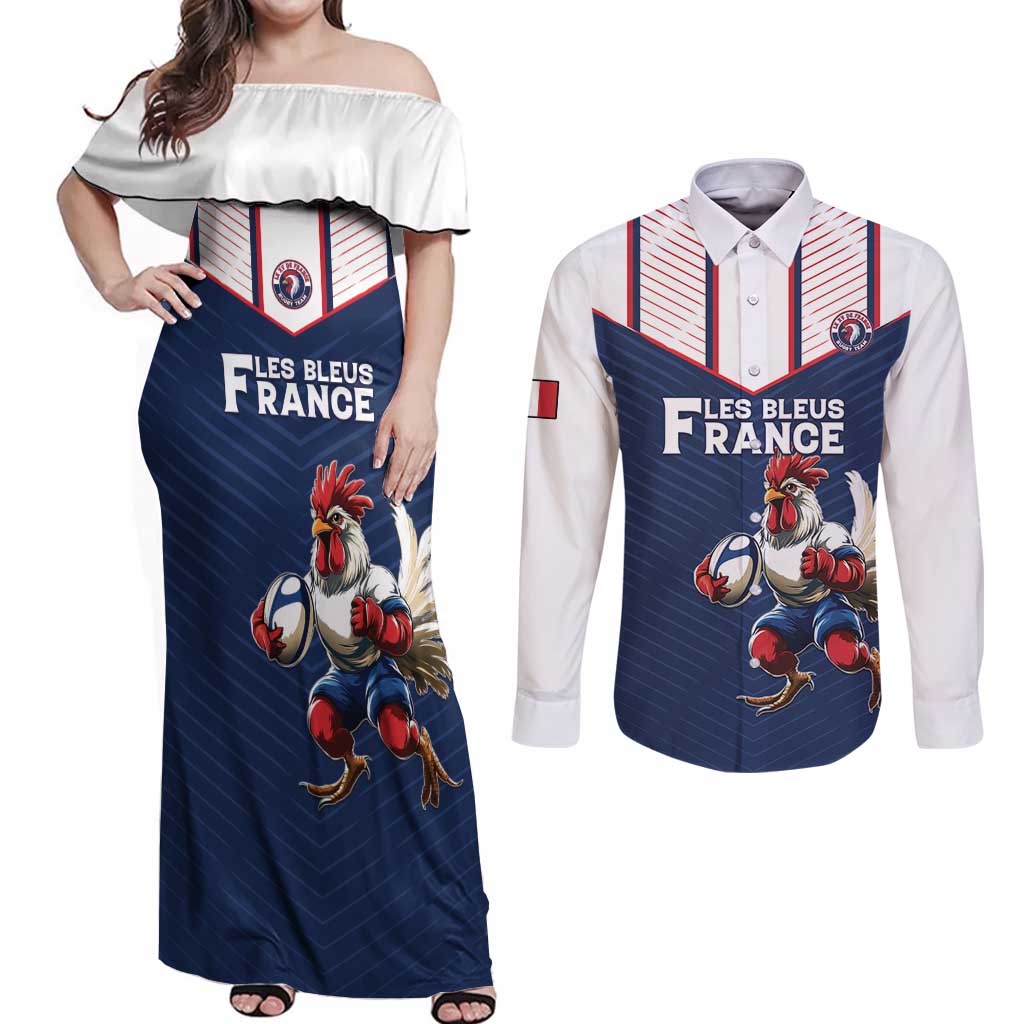 France Rugby Custom Couples Matching Off Shoulder Maxi Dress and Long Sleeve Button Shirt Allez Les Bleus - Sporty Style