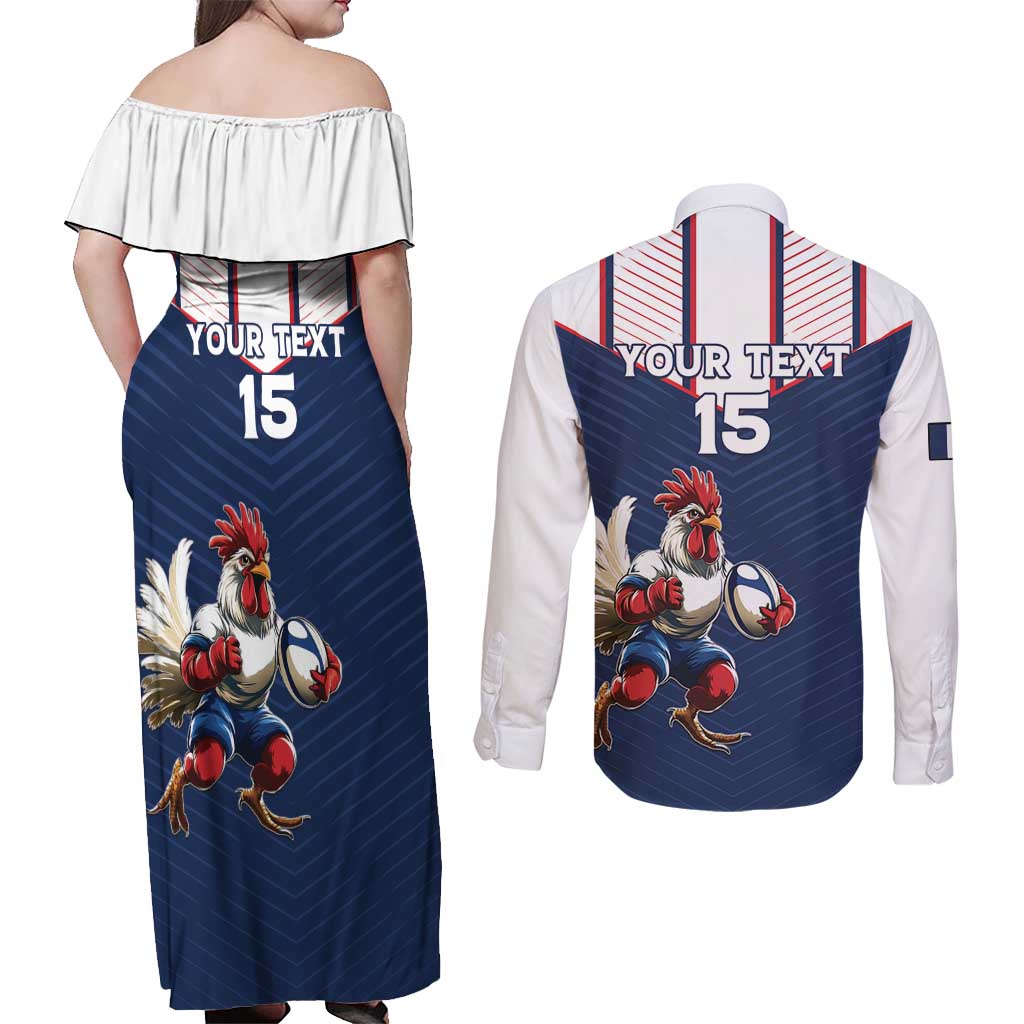 France Rugby Custom Couples Matching Off Shoulder Maxi Dress and Long Sleeve Button Shirt Allez Les Bleus - Sporty Style